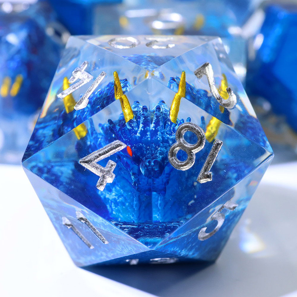 Blue Ocean Mist Mini Dragon Skull Sharp Edge Resin Dice Set 7PCS For DND TTRPG