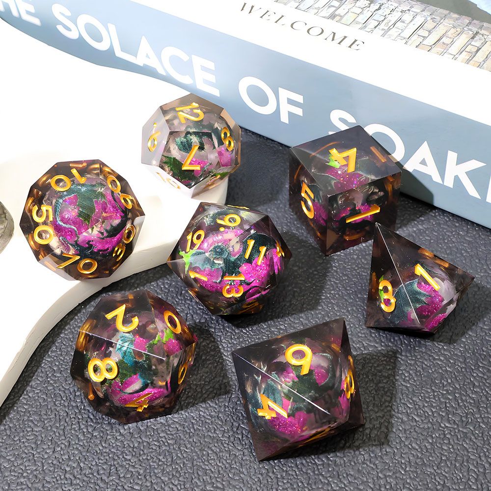 Black Fire Dragon Sharp Edge Resin Dice Set, 7PCS Polyhedral Dice with Purple Liquid Core & Gold Numbers for D&D TTRPG Tabletop Games