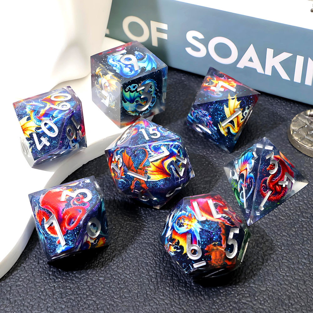 Dragon Theme Sharp Edge Resin Dice Set, 7PCS Polyhedral Dice with Blue Starry Glitter Core & Silver Numbers for D&D TTRPG Tabletop Games