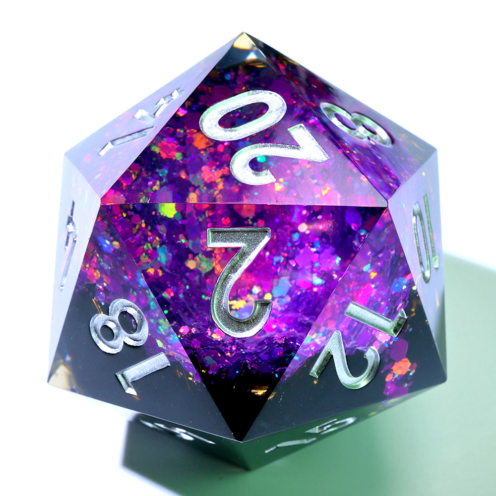 Geode Series 50mm Large Polyhedral Dice, Single D20 Dice with Purple Glitter Core, Black Resin Shell and Silver Numbers for Tabletop Games