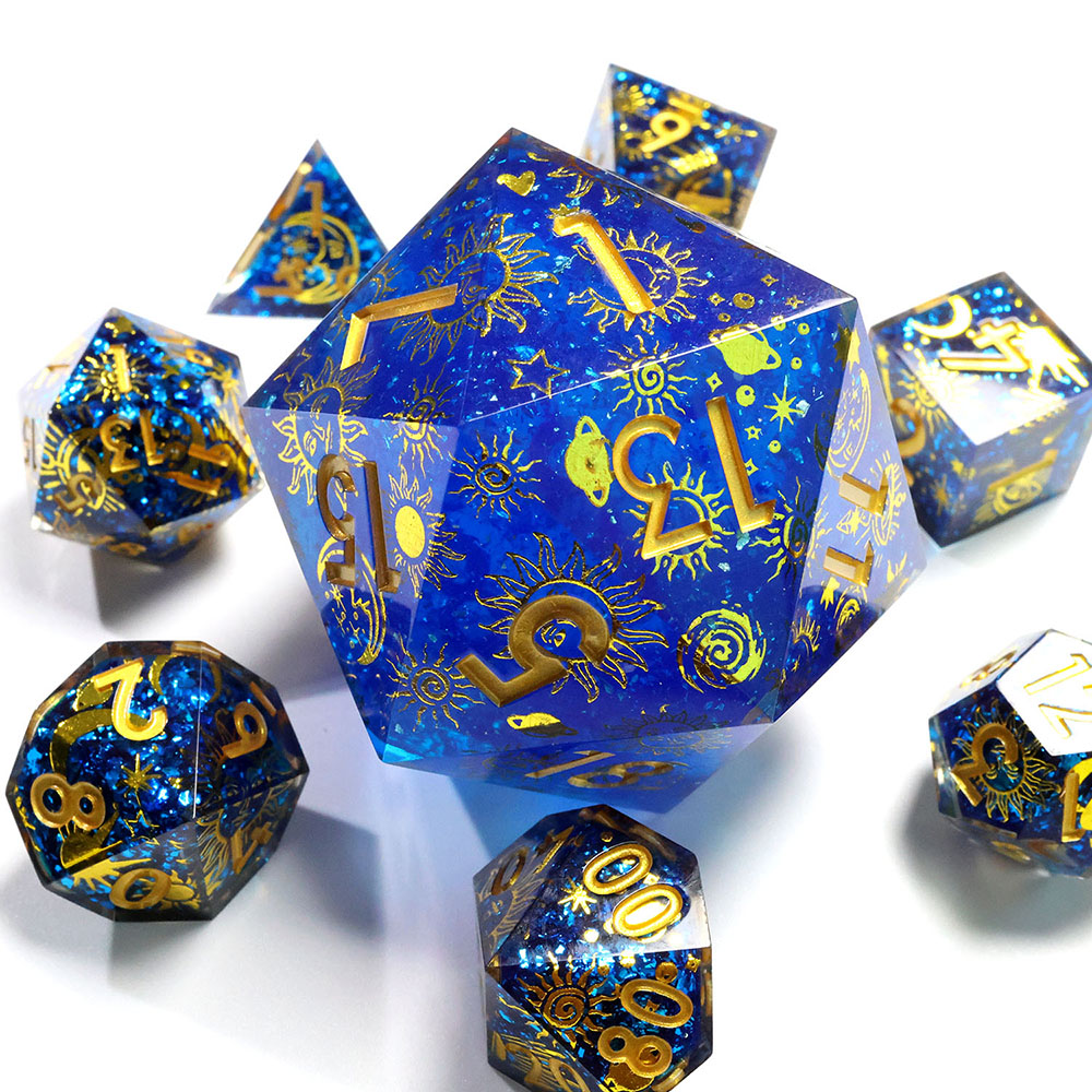 Celestial Astrology Blue Gold Geode Resin Dice Set, Available in Standard Full Set, 33mm Single D20, 50mm Single D20, Gold Engraved Numbers for TTRPG Gaming & Collection Display