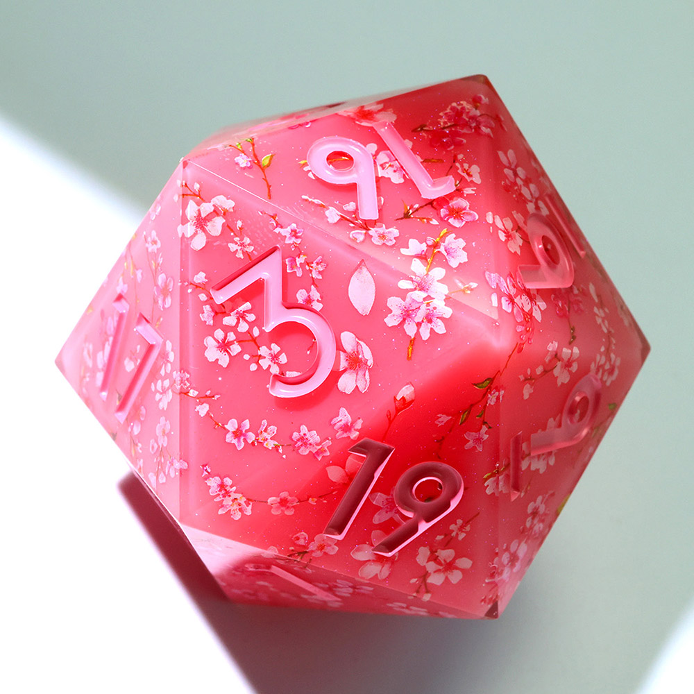 Pink Cherry Blossom Floral Sharp Edge Resin Dice, Available in Standard 7pcs Set, 33mm Single D20, 50mm Single D20, Pink Engraved Numbers for TTRPG Tabletop Games & Collection Display